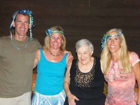 My mother surrounded by her "out of state" children:  Tim (AZ), Cathy (CO) and me (CA).  Happy 85th B-day Mom!!!